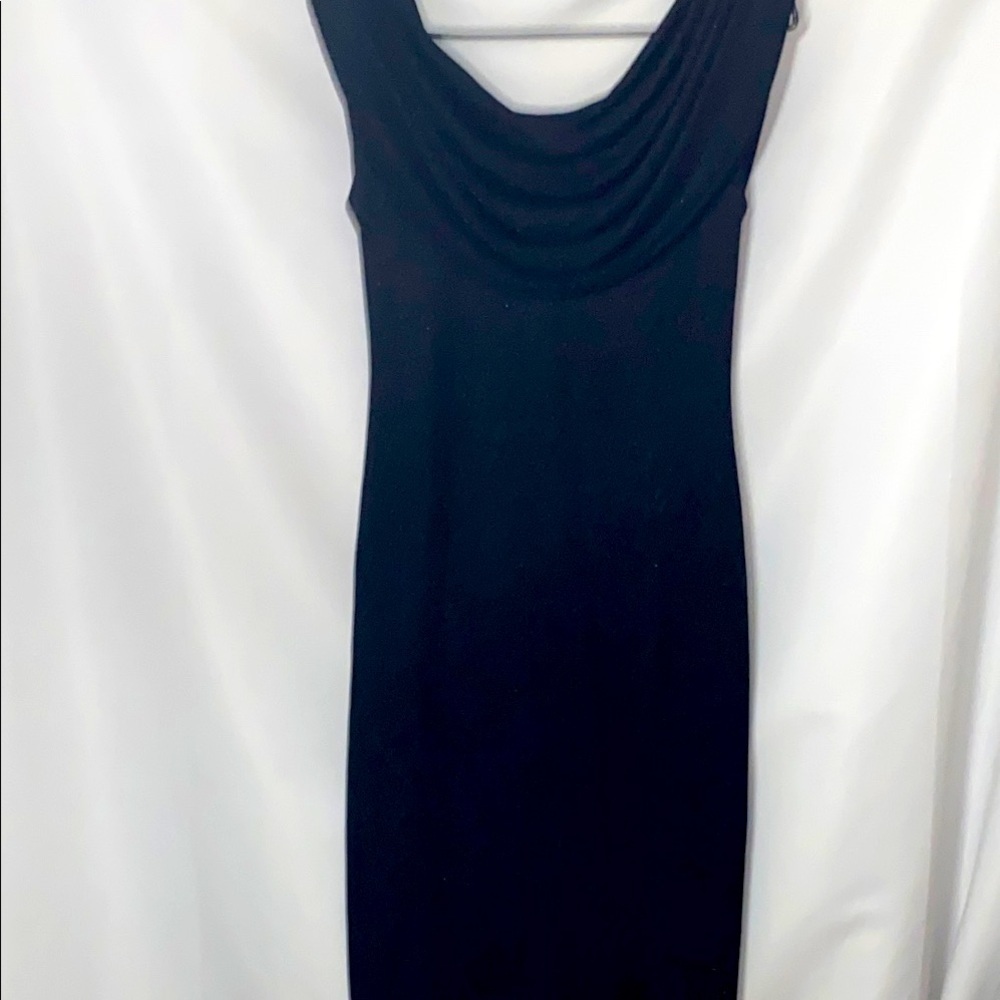 Alex Evenings‎ SIZE 4 BLACK SILVER GLITTERY Sheath Dress w/ DRAPE Cowl Neck